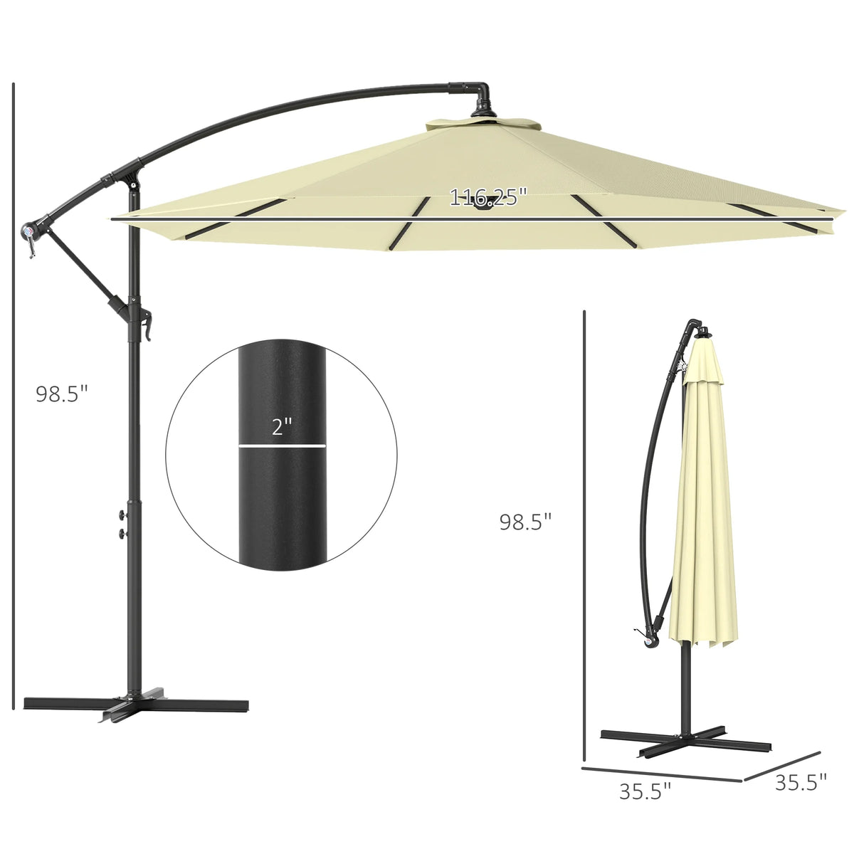 Outsunny 10' Cantilever Hanging Tilt Offset Patio Umbrella with UV & Water Fighting Material and Cross Base (Weight Not Included), Gray