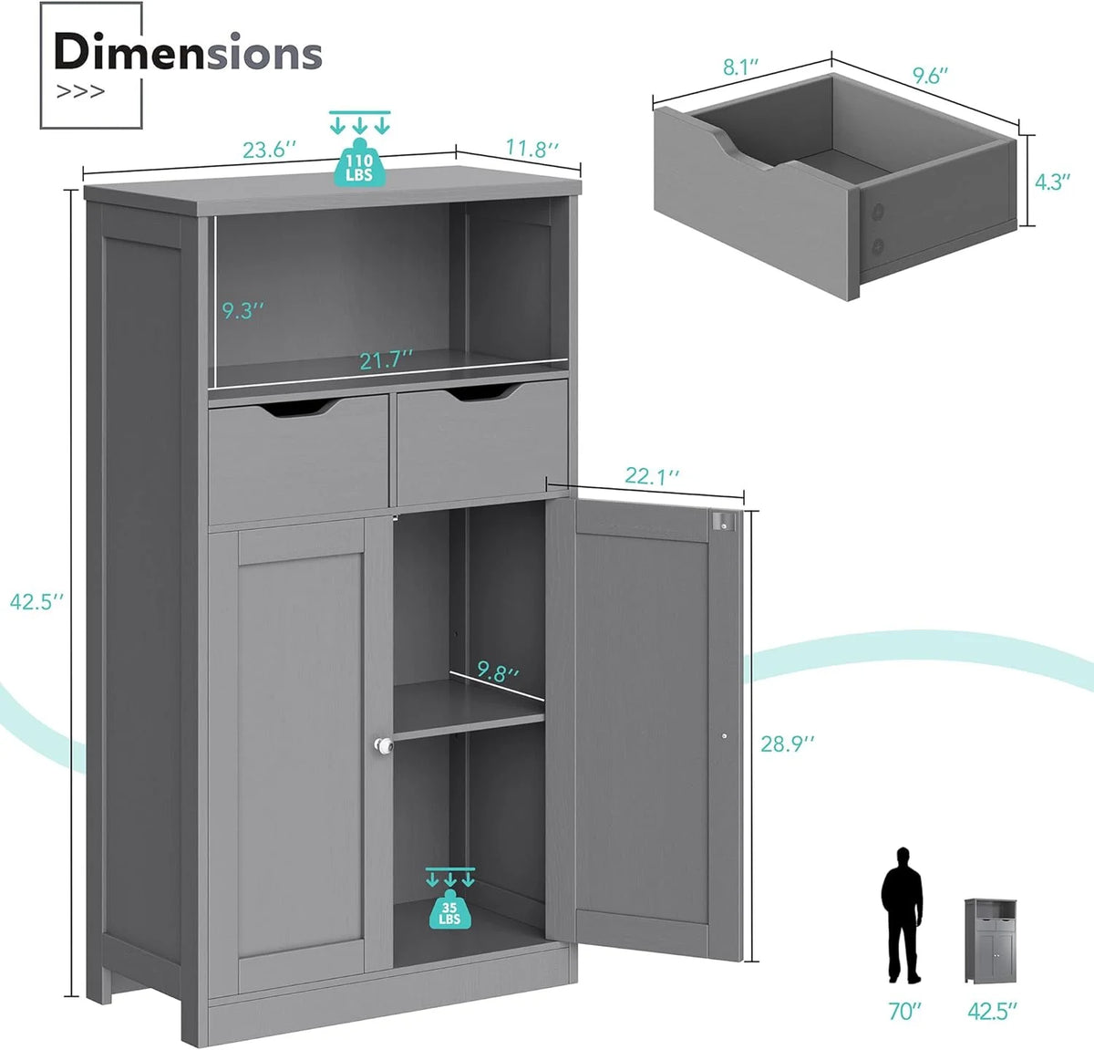 Vongrasig Farmhouse Freestanding Pantry Cabinet with 2 Drawers and Shelves, Wooden Storage Organizer for Bathroom, Living Room, Grey
