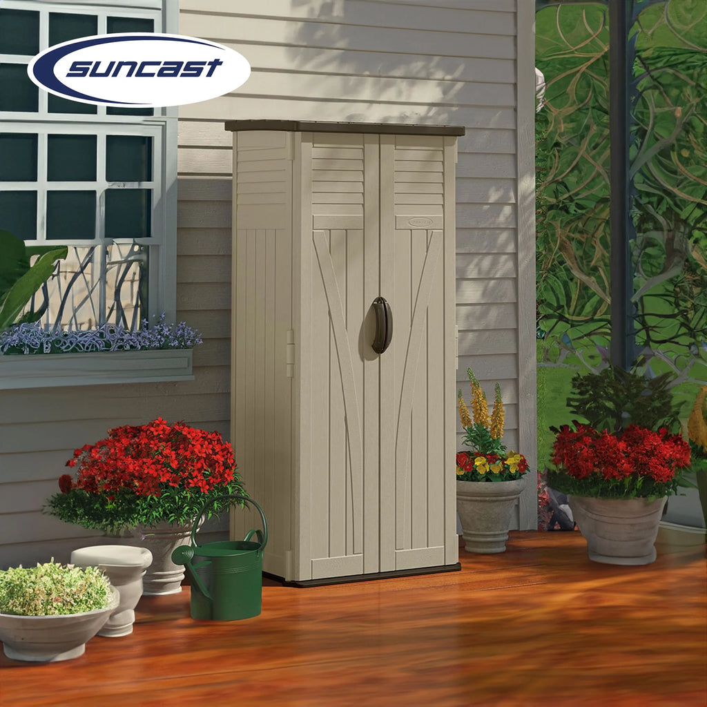 Suncast 22 Cubic Feet All-Weather Vertical Tall Outdoor Storage Shed, Brown