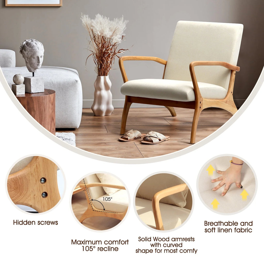 July's Song Mid-Century Modern Accent Chair,Living Room Linen Read Arm Chairs with Cushion,Wood Frame Armchair for Bedroom,Beige