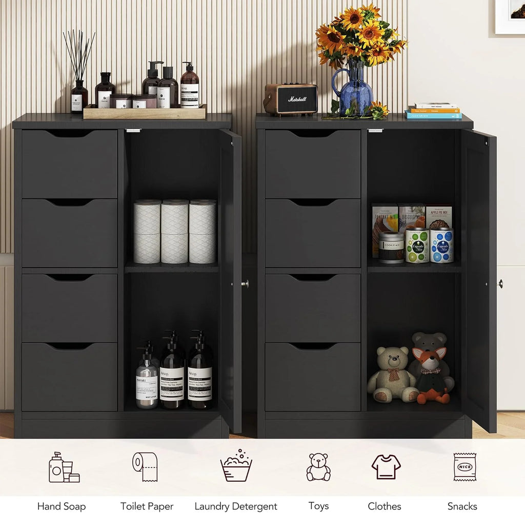 Vongrasig Farmhouse Freestanding Pantry Cabinet with 2 Drawers and Shelves, Wooden Storage Organizer for Bathroom, Living Room, Grey