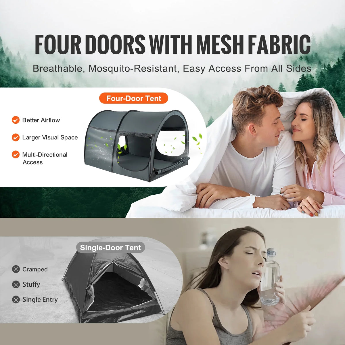 KFFKFF Sleep Canopy, Soft Pongee Material, Quad-Entry, Airy Privacy Pod with Thin Fiber Rods, Full-Sized Light-Blocking Bed Shelter, Suitable for Adult Resting Space