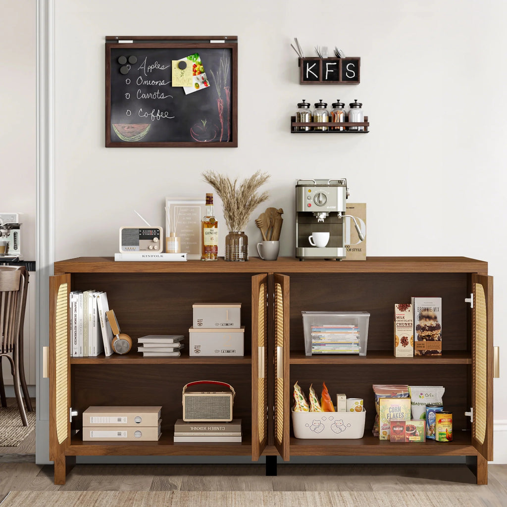 Modern Rattan Sideboard Buffet Cabinet, Kitchen Storage Cabinet, Living Room TV Stand for TVs up to 65", Entertainment Center with Adjustable Shelf, for Dining Living Room Hallway, White