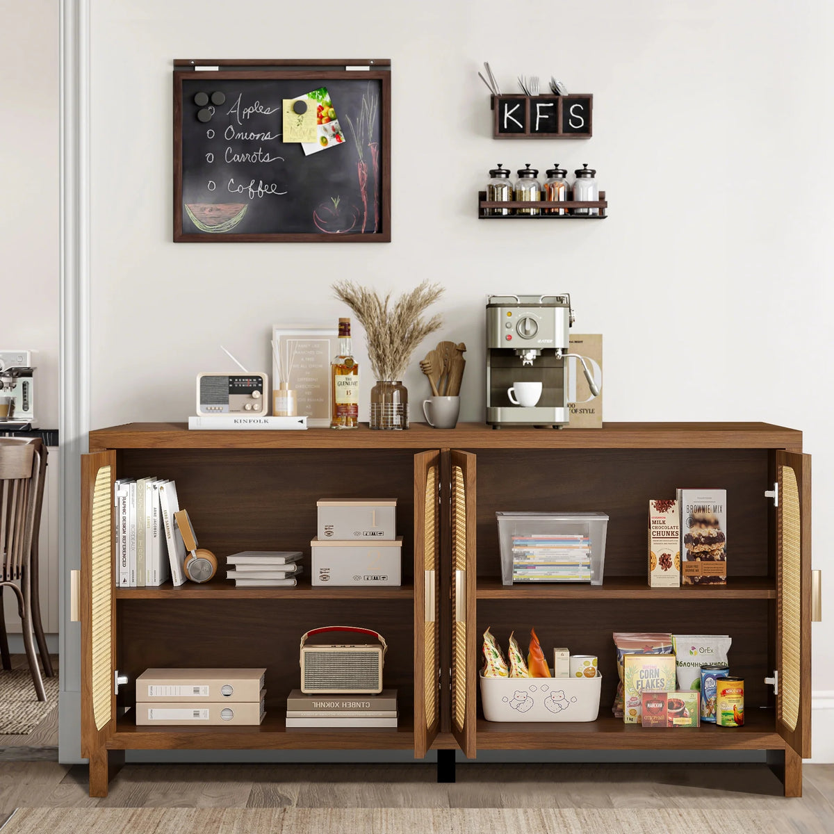 Modern Rattan Sideboard Buffet Cabinet, Kitchen Storage Cabinet, Living Room TV Stand for TVs up to 65", Entertainment Center with Adjustable Shelf, for Dining Living Room Hallway, White