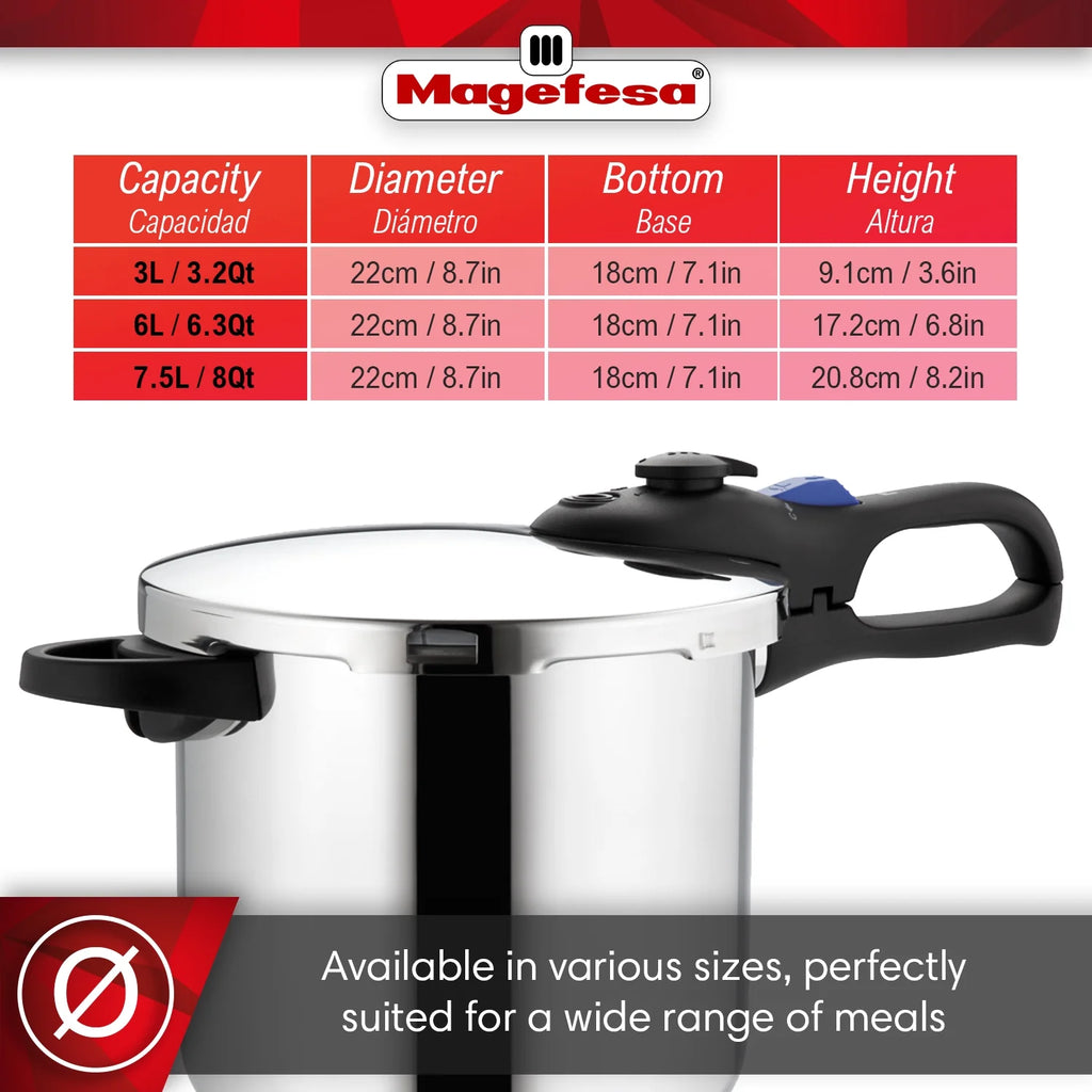 MAGEFESA Favorit Six Stainless Steel  Pressure Cooker Set, 3.2 Qt & 6.3 Qt, Induction Compatible Special Edition (Steam Basket, Lid & Recipe Book)