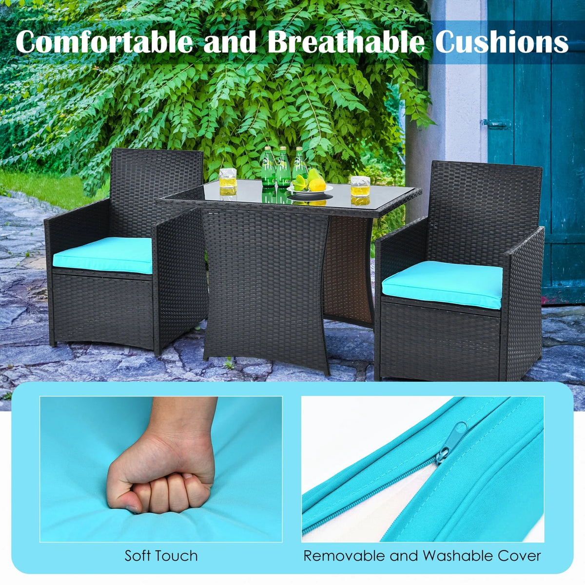 Gymax 3PCS Patio Wicker Bistro Set PE Rattan Dining Table Set w/ Turquoise Cushions