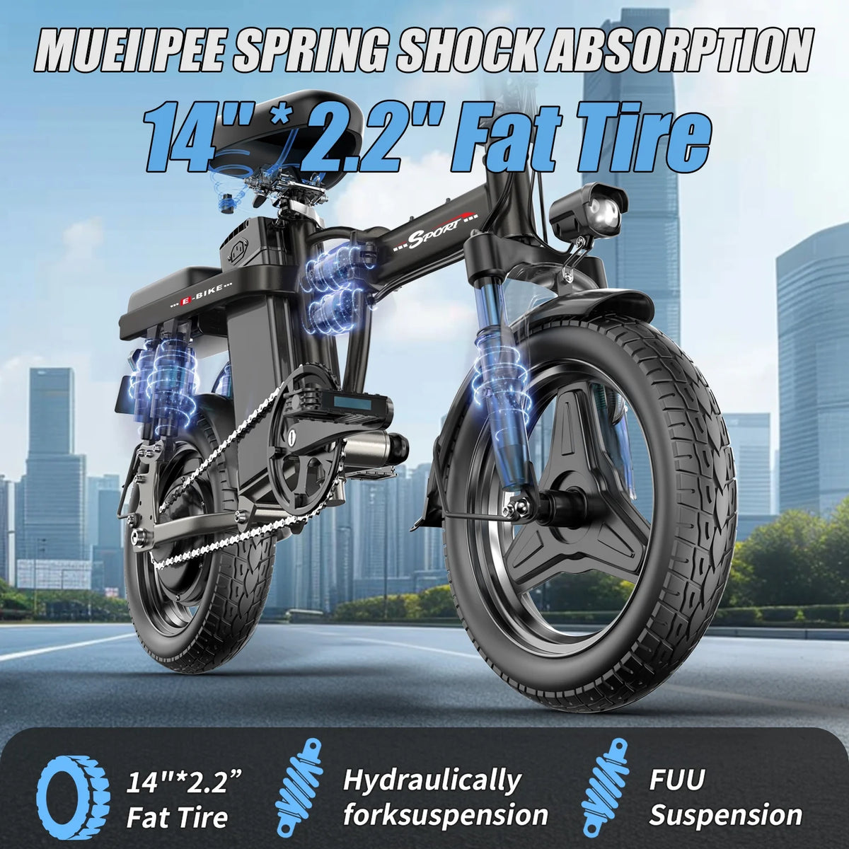 ASKGO 1200W Peak Motor ,Folding Electric Bike for Adults Teens ,14'' Commuting Bike, Max 28MPH/35 Miles E-Bike ,3 Speed  Double Mini Electric Bike, UL2849