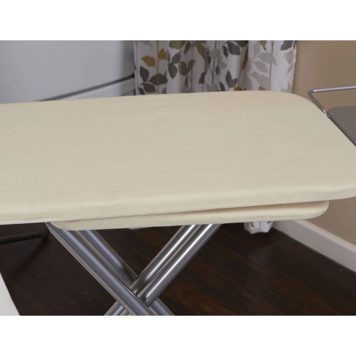 Household Essentials Wide Mega Ironing Board 4-Leg, Steel Top Pressing Station, Heat-Resistant Fiber Pad and Cotton Cover, Includes Sleeve Board and Iron Rest with Hanger Bar, Silver Frame