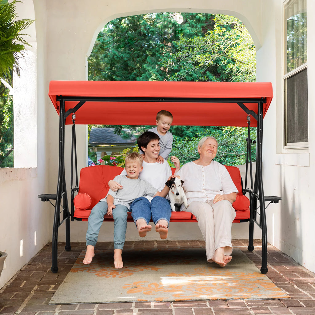 Homrest 3 Seat Outdoor Porch Swing with Adjustable Canopy, Cushions, and Cup Holder - Wine Red
