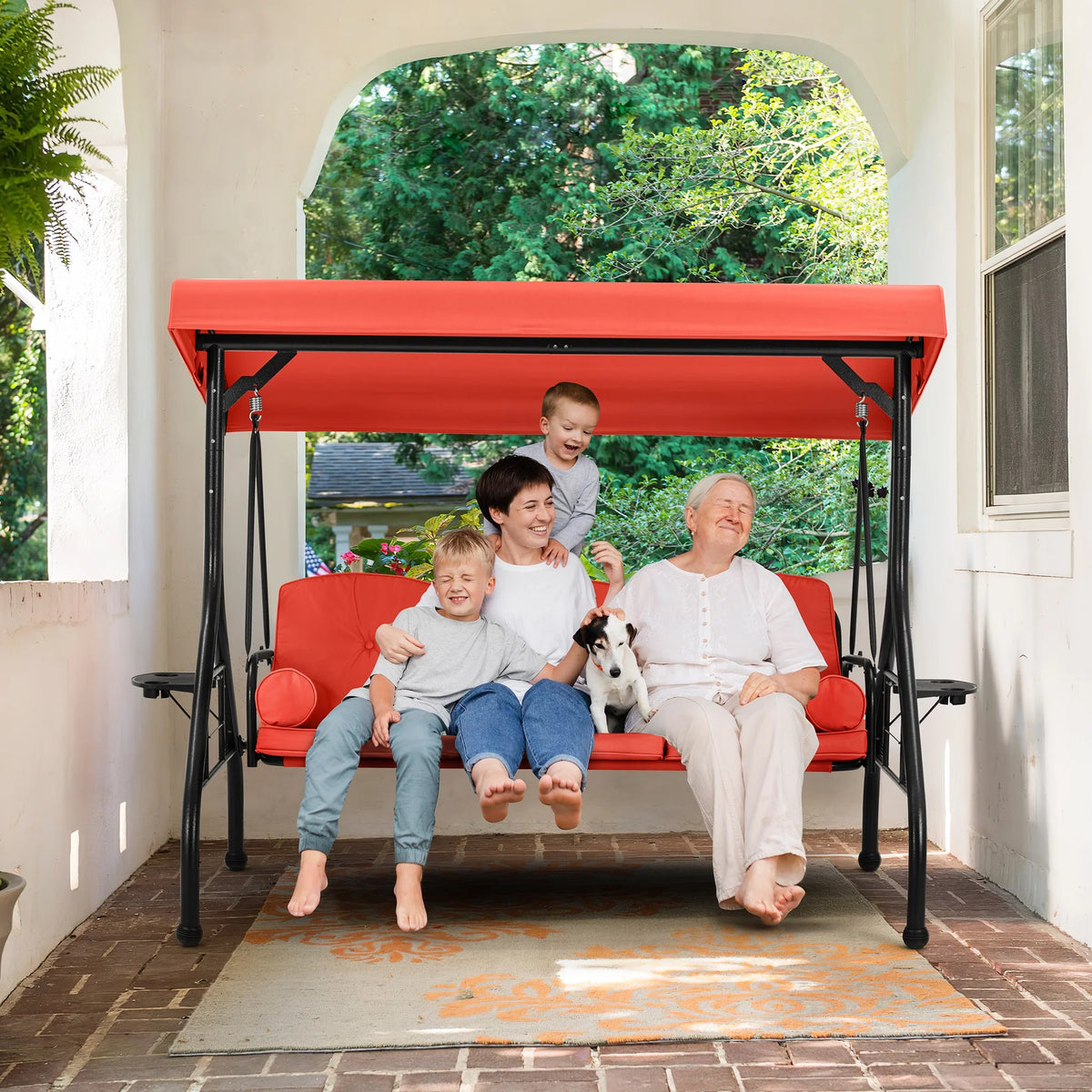 Homrest 3 Seat Outdoor Porch Swing with Adjustable Canopy, Cushions, and Cup Holder - Wine Red