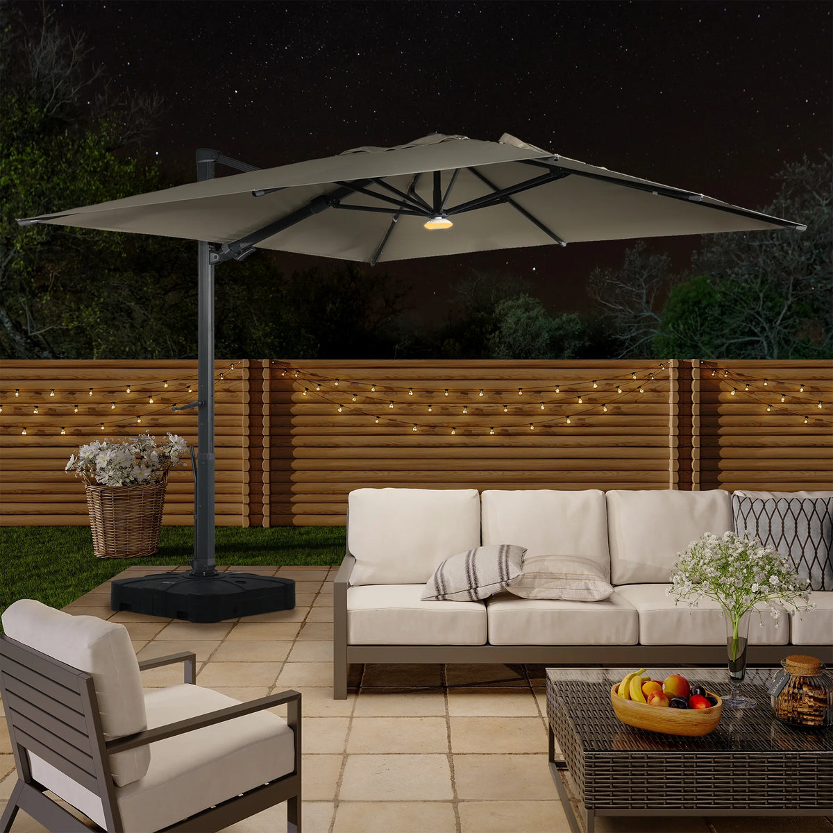 Boyel Living Cantilever Outdoor Patio Umbrellas, with Bluetooth Ambient Light & Base, Offset Square Umbrella for Pool Deck Garden Backyard, Navy Blue