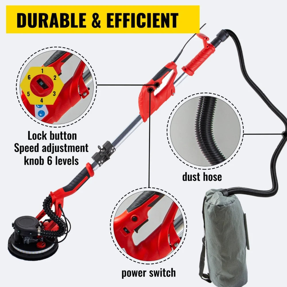 VEVOR Electric Drywall Sander 850W  Variable Speed 800-1750 RPM  Foldable Sheetrock Sander with Telescope Handle  LED Strip Light  Vacuum Bag  Wall Sander for Professional Use