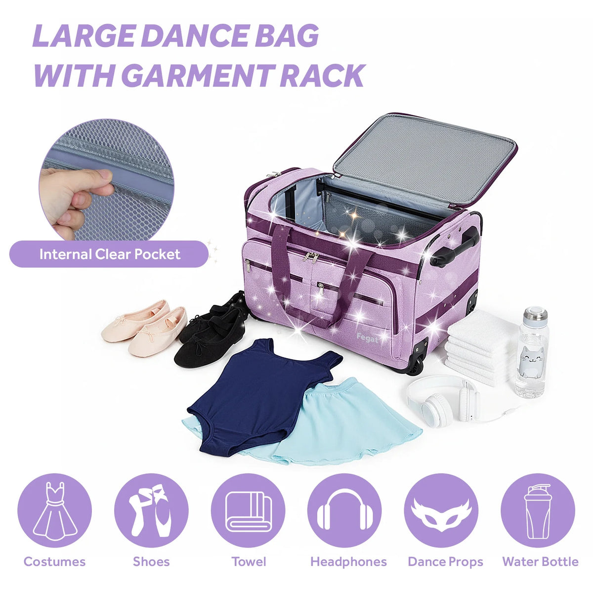 Fegat Dance Bag with Garment Rack,23"Glitter Bright Rolling Dance Duffel Bag Lightweight Competition Bag Costume Suitcase for Dancers Performer Artist, Shine Glitter Purple