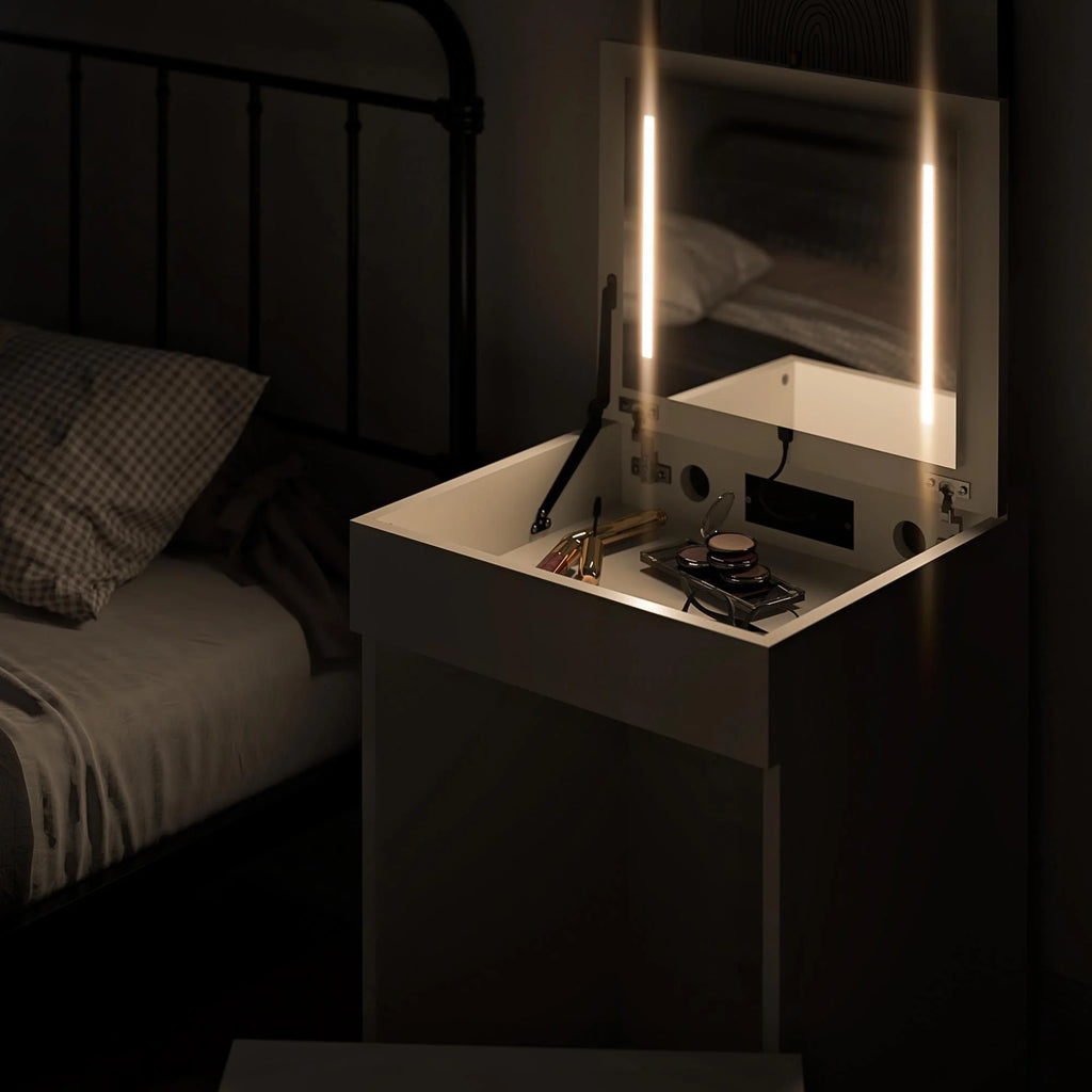 Ameriwood Home Compact 3-in-1 Vanity Set, Makeup Storage Desk & Stool, Mirror w/ LED lights & USB Charging Station, White