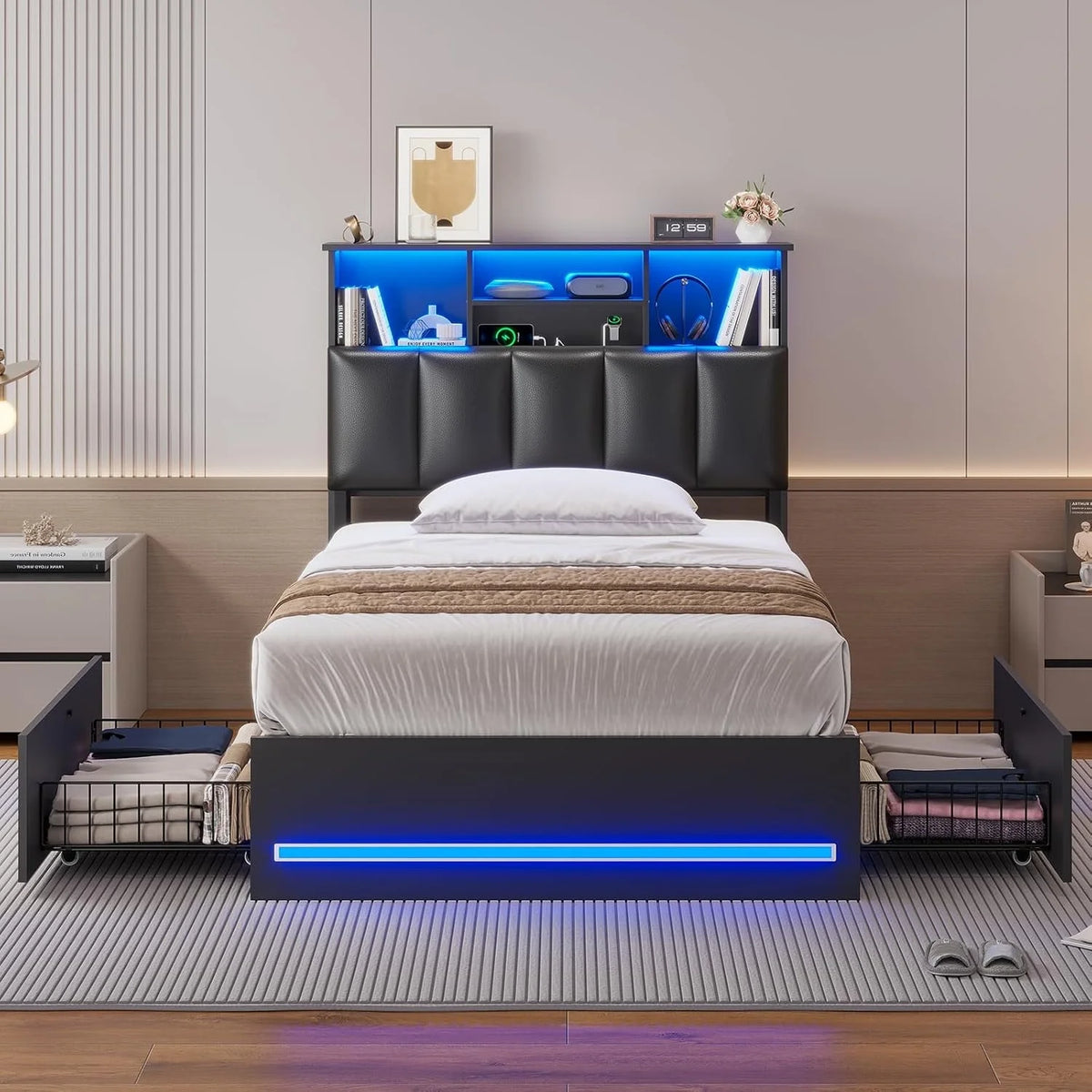 AOGLLATI Upholstered Platform Twin Bed with 4 Storage Drawers & Charging Station & LED Lights, Black