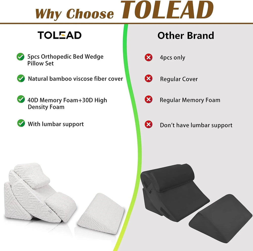 Tolead 5pcs Orthopedic Washable Bed Wedge Pillow Set, Adjustable Memory Foam, Sleeping, Reading, Gray