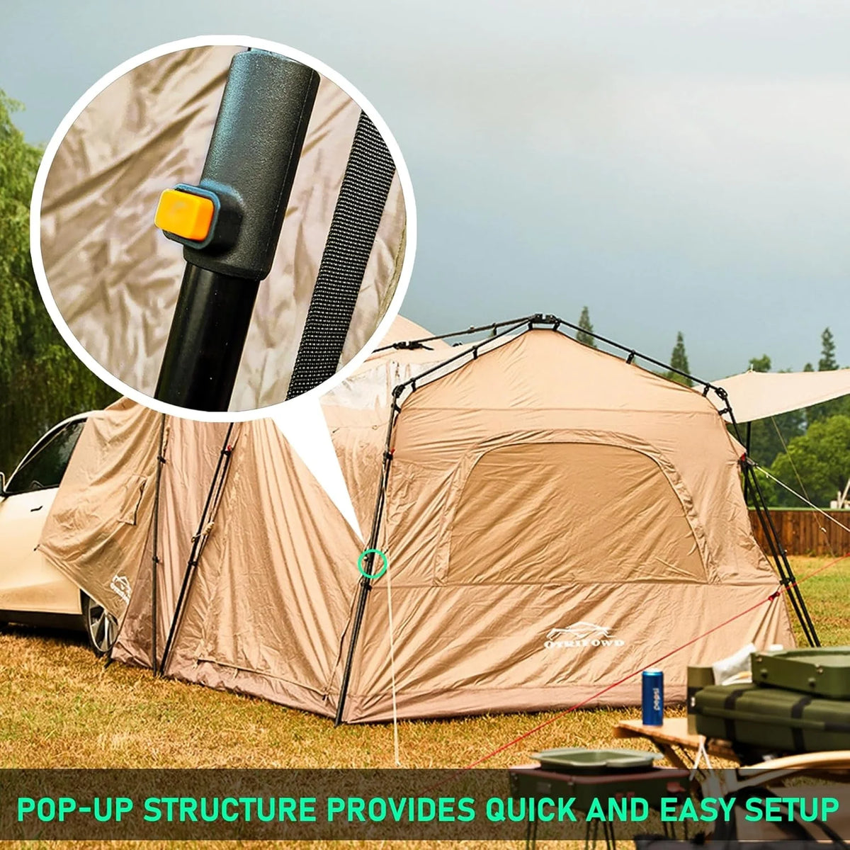 ACtent for Tesla Model 3&Y, Pop-Up SUV Tent w. Awning for Car Camping, Connects to Tesla Tailgate for Air-Conditioning, Sleeps 6 Adults, 10'x8.2' - Desert Sand