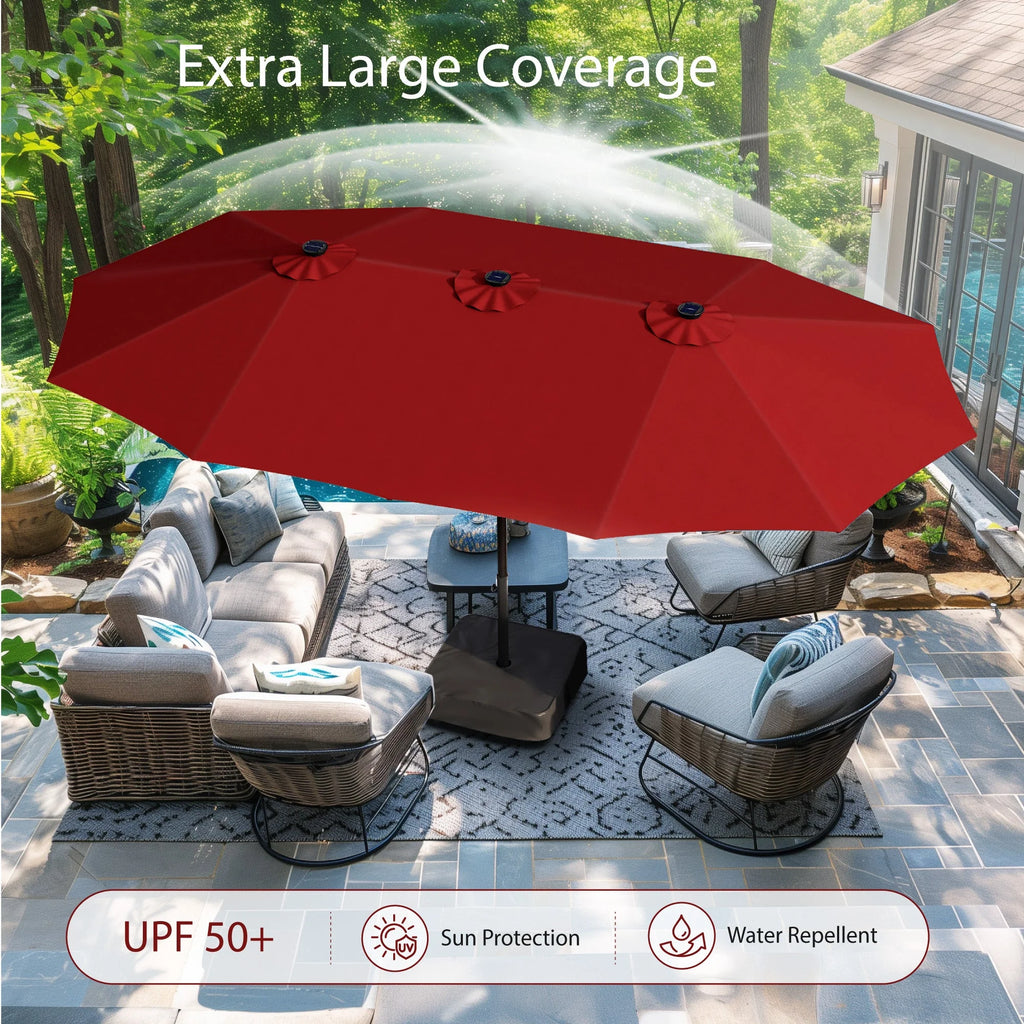 Alpha Joy 15ft Extra Large Outdoor Patio Double-Sided Umbrella with LED Solar Lights & Umbrella Base, Beige