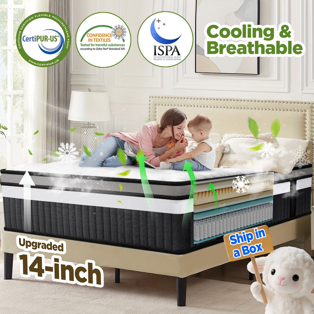 Qvamodo 14 Inch Hybrid King Mattress- Medium Firm King Size Bed in a Box - CertiPUR-US Certified Memory Foam, King Size mattress for Pressure Relief, Cooling Sleep, and Motion Isolation