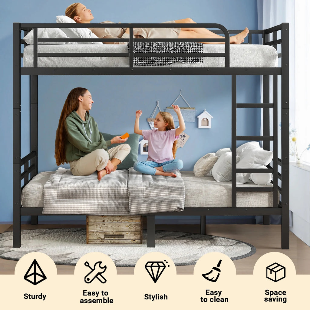 Miniyam Full over Full Metal Bunk Bed Frame with Dual Guardrails and Ladders, Heavy-Duty Quiet Design, Black