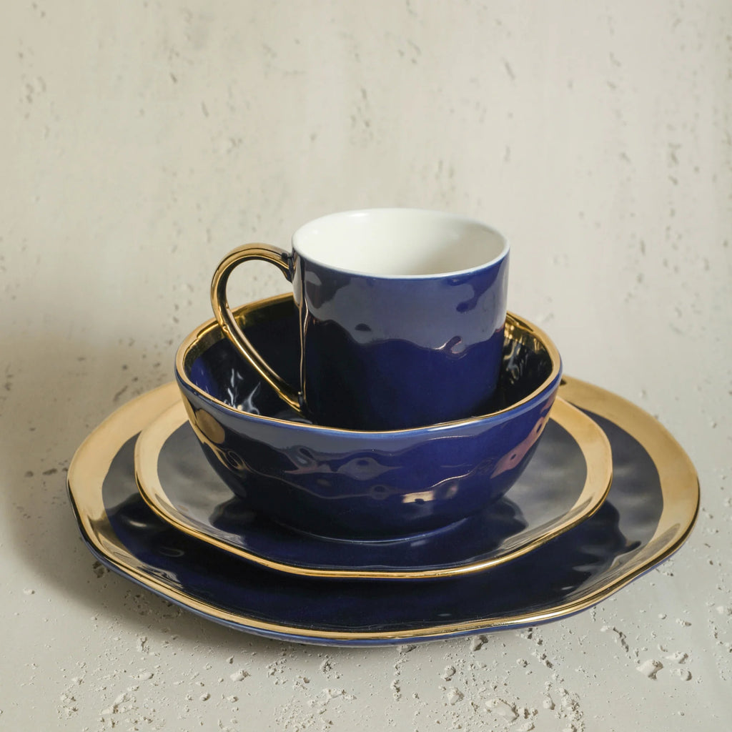 Stone Lain Florian Modern Porcelain Dish Set, 16-Piece Dishes for 4, Gold and Navy