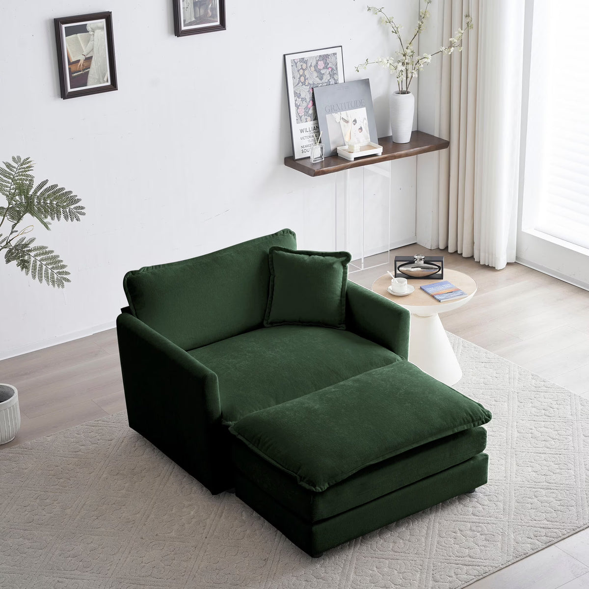 Comfy Deep Seat Sofa Chair, Upholstered Chenille Fabric Armchair with Toss Pillow for Living Room, Bedroom - Beige, Sturdy Wood Frame, 22+ Combination Options