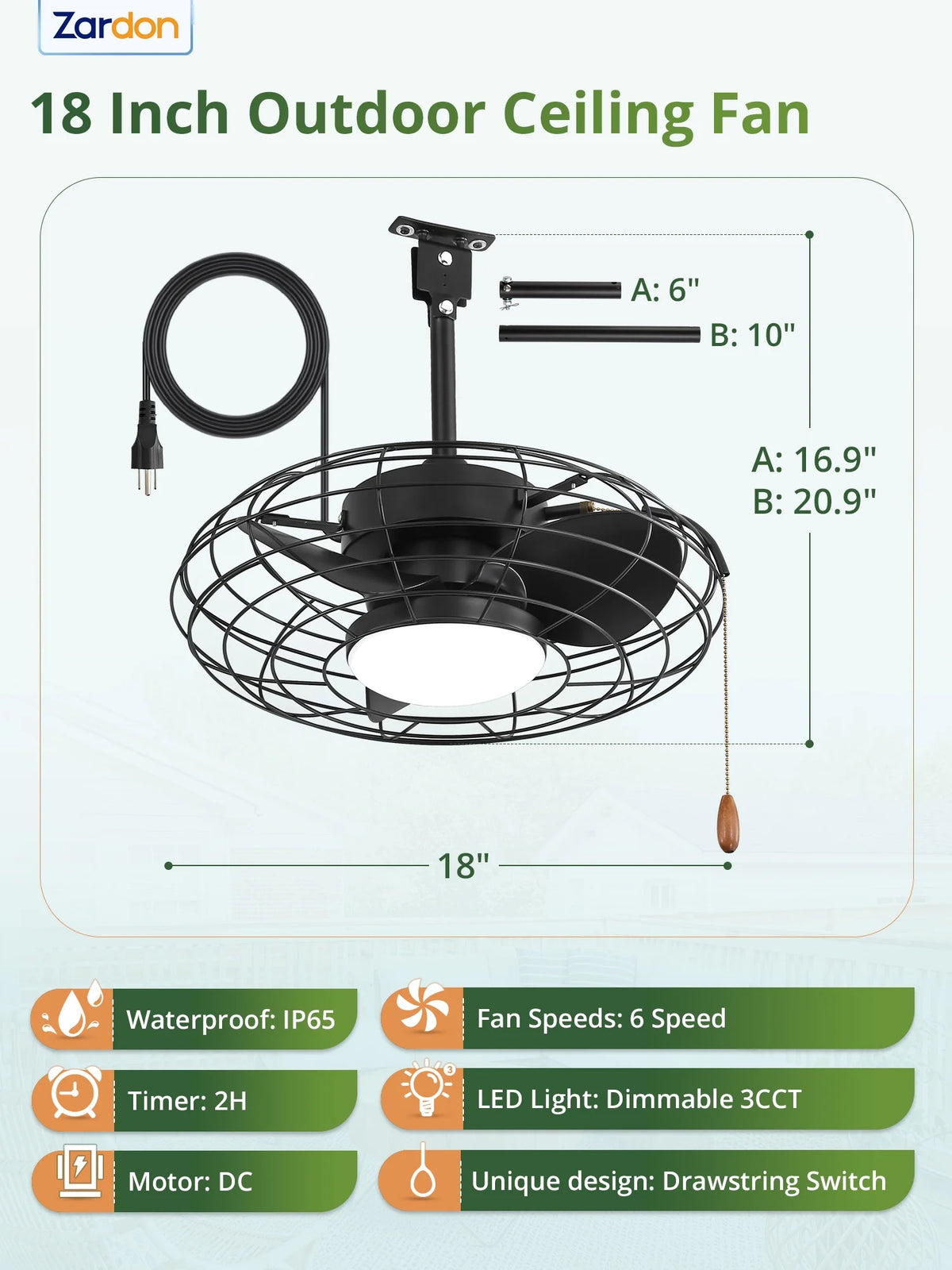 Zardon 20" Outdoor Ceiling Fan with Light and Remote, 7 Blades Caged Waterproof Gazebo Fan for Patio, Porch, Pergola Canopy, App Control