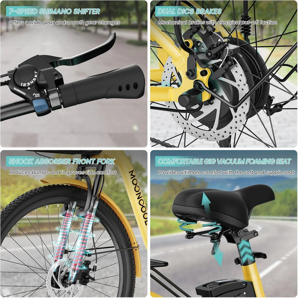 MOONCOOL Electric Bicycle for Adults 350W , 7-Speed Ebike with 36V 10.4Ah Removable Battery 40 Miles Range , 20 mph Electric Commuter Bike for Women Men, Certified to UL 2849 by SGS