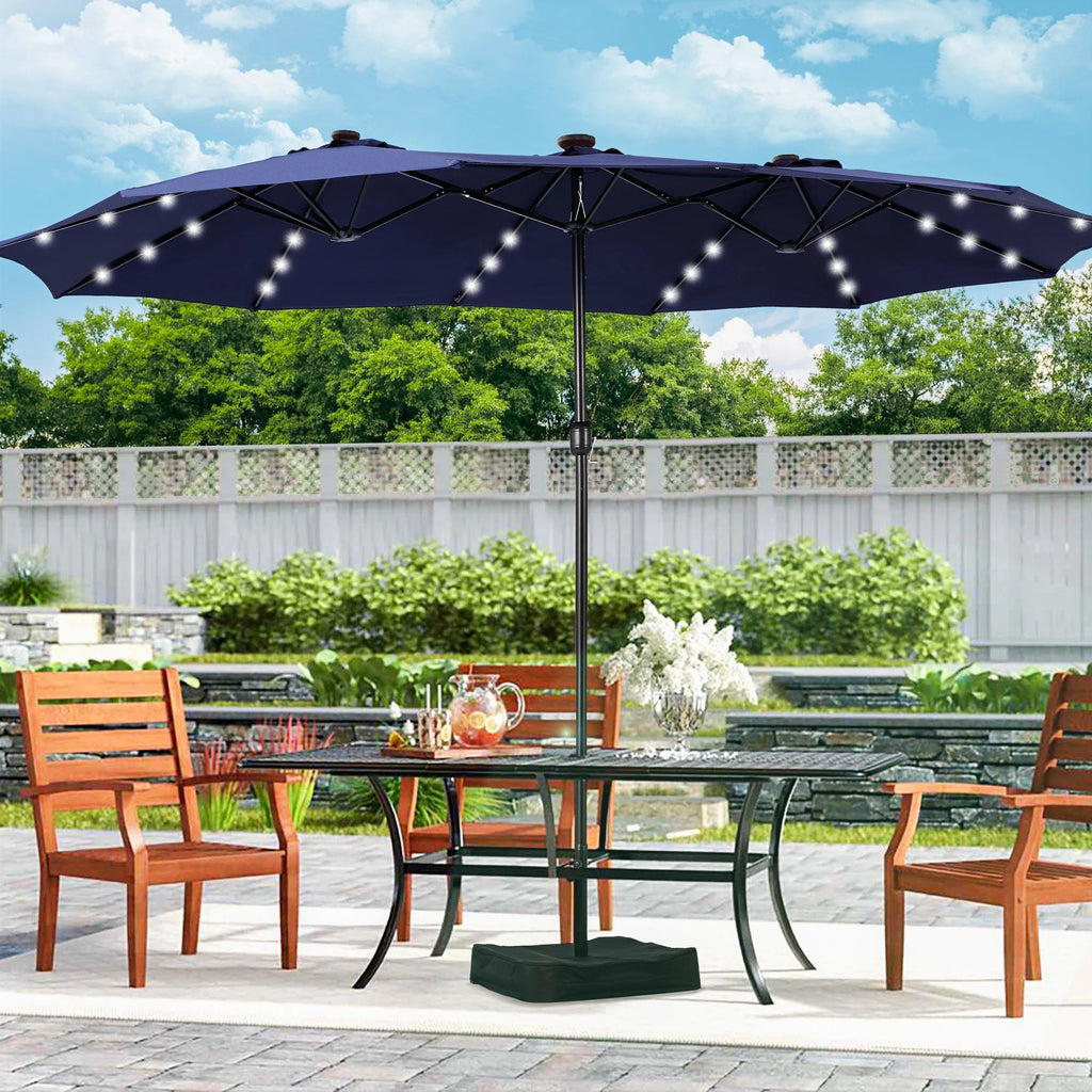 Alpha Joy 15ft Extra Large Outdoor Patio Double-Sided Umbrella with LED Solar Lights & Umbrella Base, Beige
