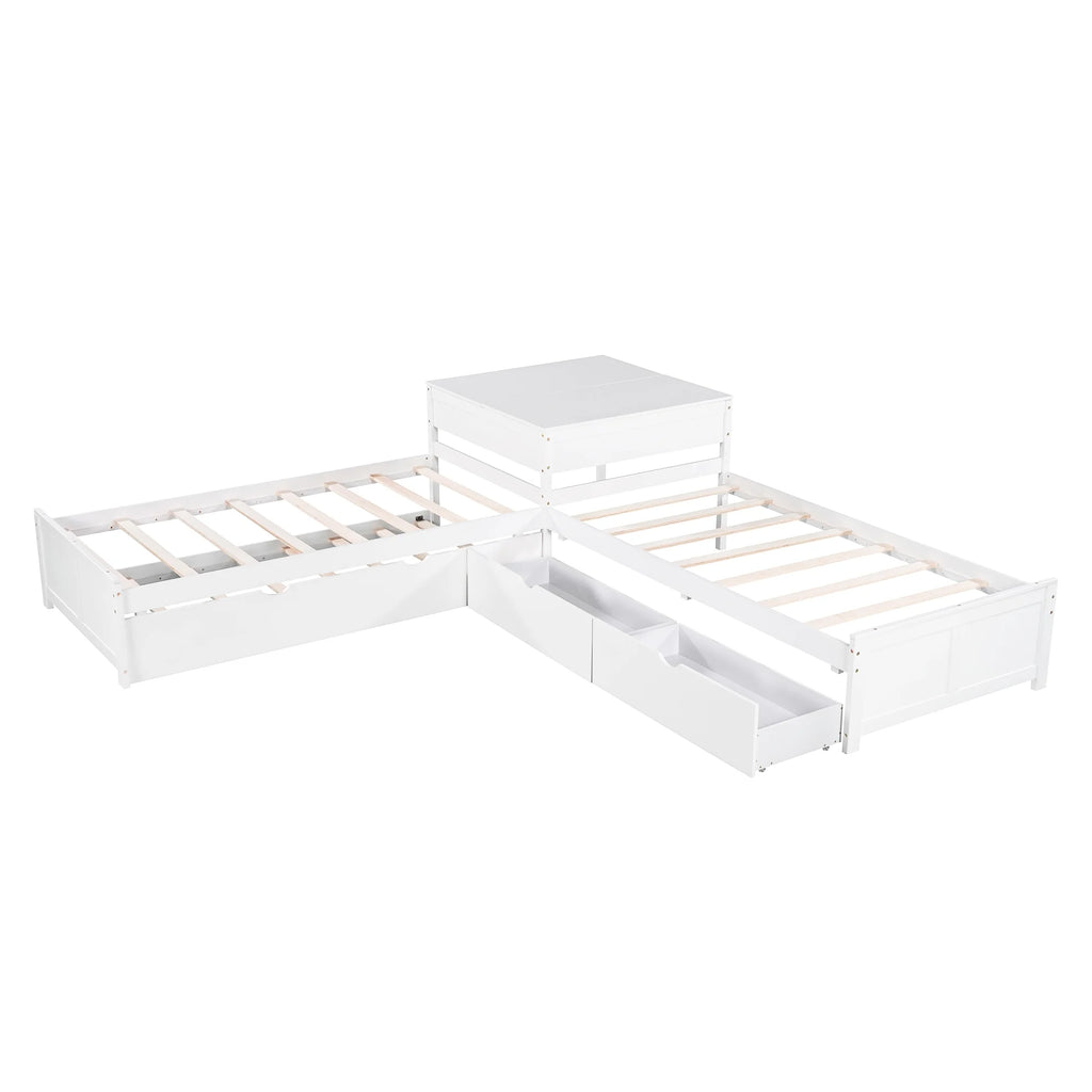 Euroco Wood Twin Size L-Shaped Platform Bed with Square Storage Table for Kids Teens, 2 Platform Beds with Trundle and Drawers for Living Room, 3 Twin Beds, Gray
