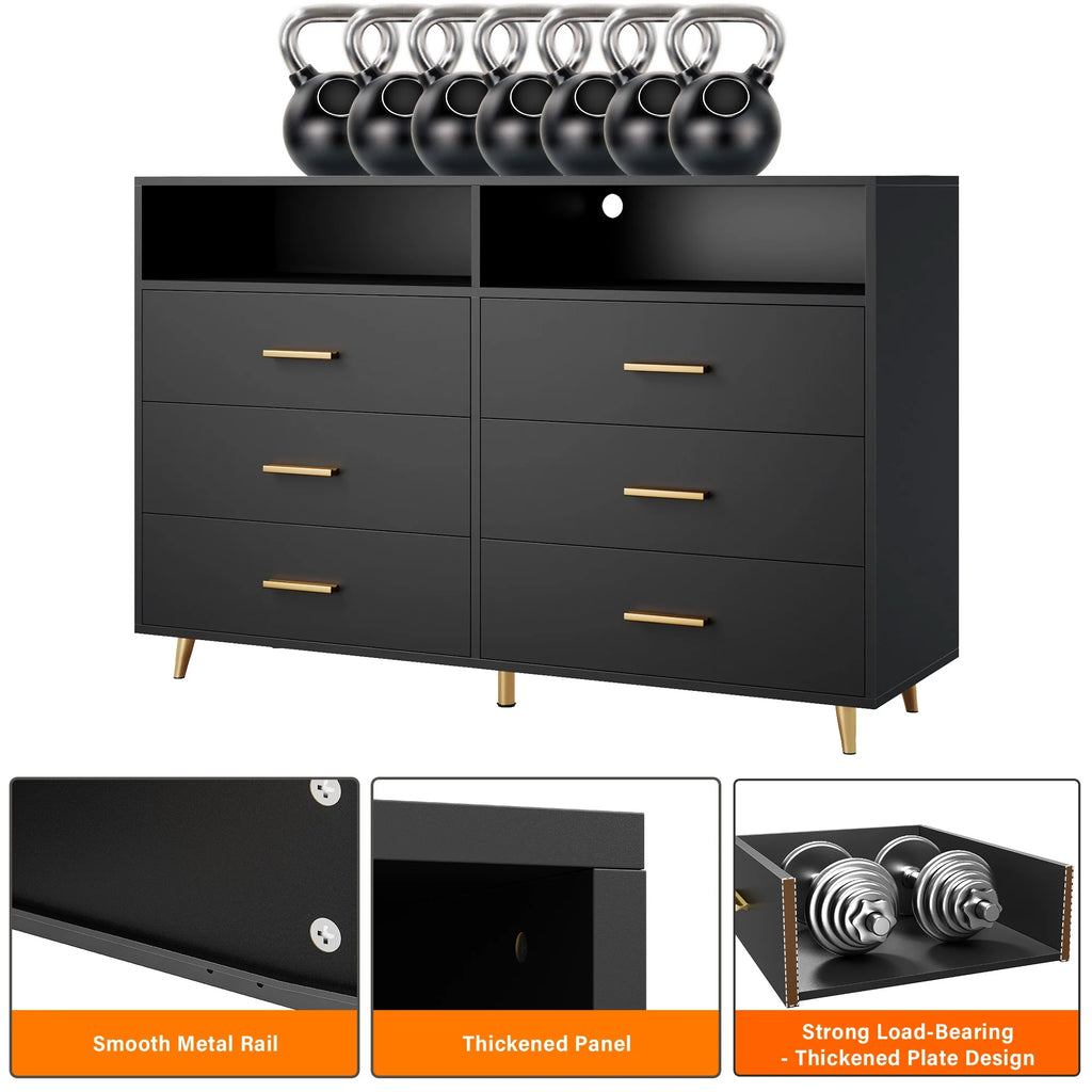EnHomee Dresser with LED Lights Drawer Dresser with 6 Deep Drawers Wood Dresser for Bedroom TV Stand Dressers & Chests of Drawers Wide Led Dressers,Black