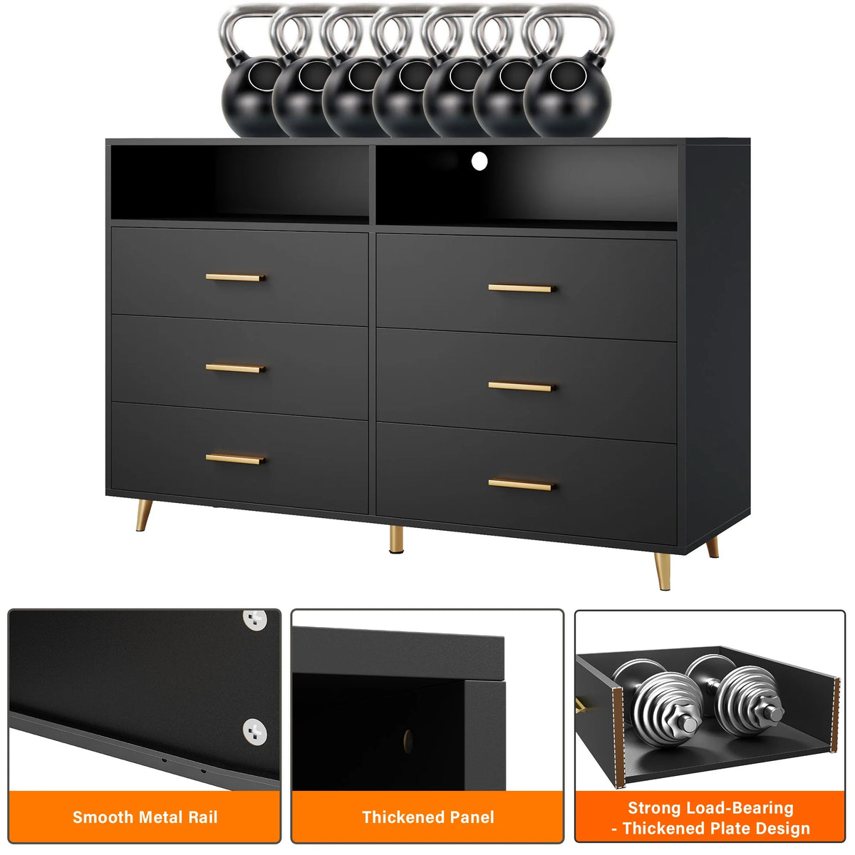 EnHomee Dresser with LED Lights Drawer Dresser with 6 Deep Drawers Wood Dresser for Bedroom TV Stand Dressers & Chests of Drawers Wide Led Dressers,Black