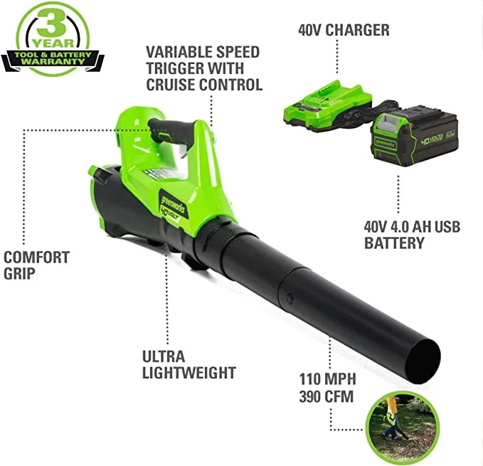Greenworks 40V 17" Push Mower + Axial Brushless Blower, with 4.0Ah USB Battery & Charger