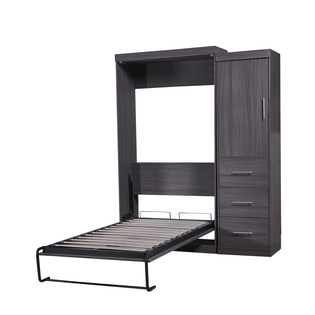 Euroco Wood Full Size Murphy Wall Bed with Wardrobe and Drawers for Living Room, Moveable Wardrobe and Drawers, Space-Saving & Easy Open and Close for Kids Teens Adults, Gray