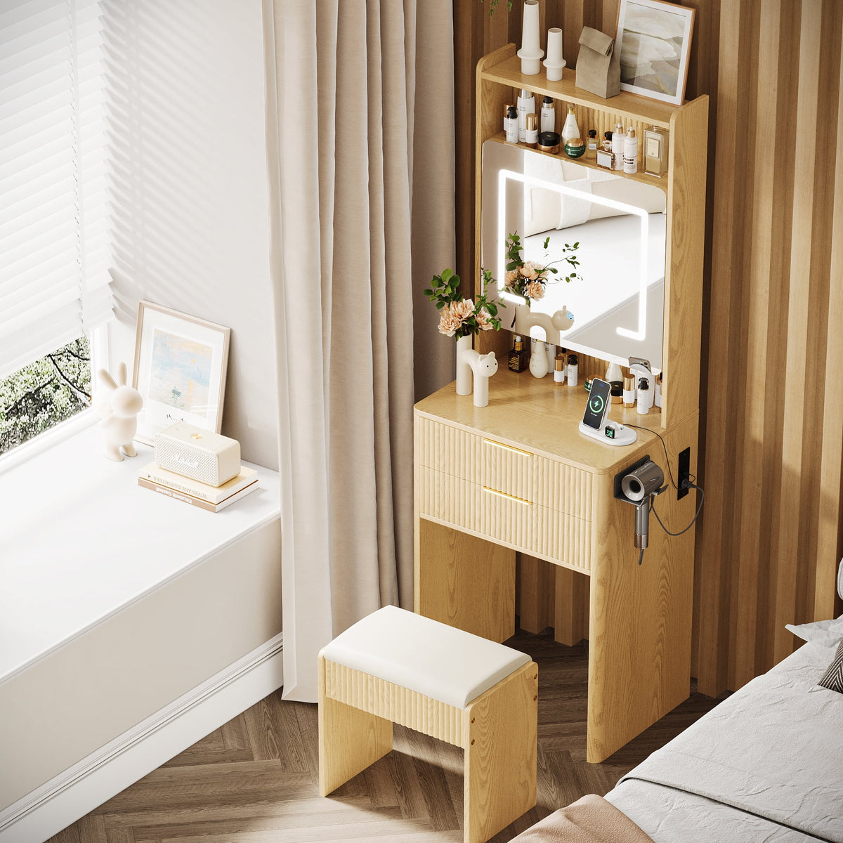 UGTOO 45.2" Modern Vanity Desk with LED Mirror & USB Charging, Wood Makeup Dressing Table with 7 Drawers for Bedroom