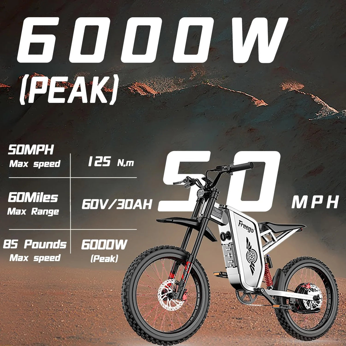 6000W(Peak) Motor 60V/35Ah Battery, Freego X2Pro Electric Motorcycle for Adults, Electric Bike  50MPH/7 Speed Off Road Electric Bicycle,19x2 Full Suspension/Four-Piston Hydraulic Brake UL2849MTB