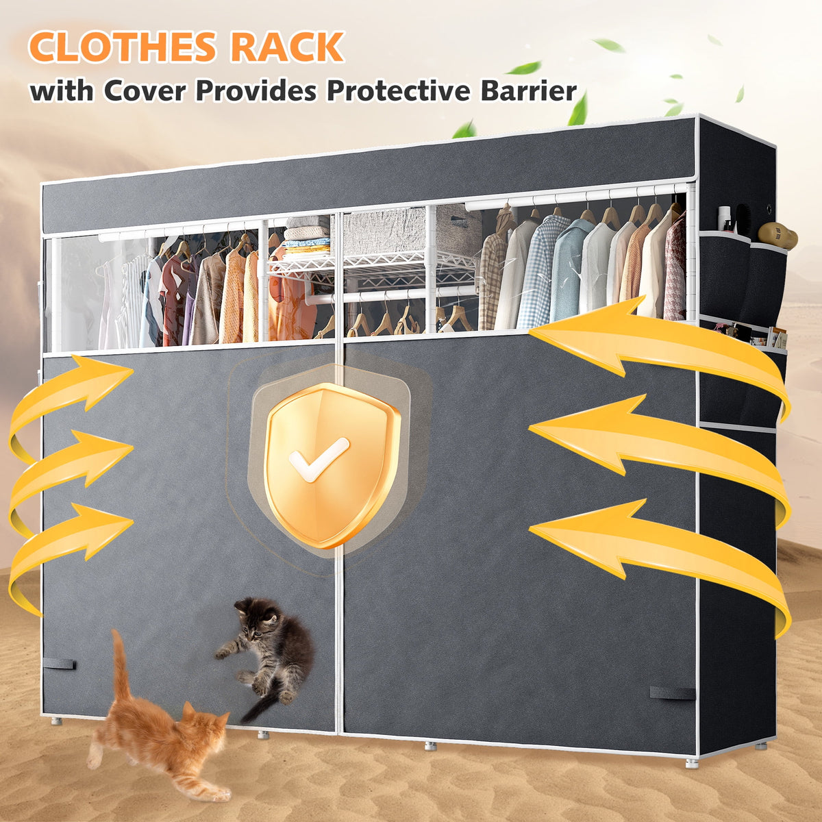 Heavy Duty Clothes Rack with Cover Loads 900LBS, Clothing Racks for Hanging Clothes, Freestanding& Adjustable Closet with Cover, Black, 74.9" Wx17.8 Dx76.9 H