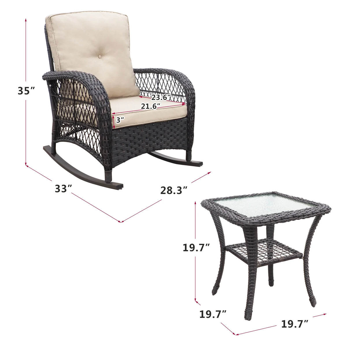 JP Outdoor 3Pcs Outdoor Wicker Rocking Porch Chairs with Coffee Table,Kahki