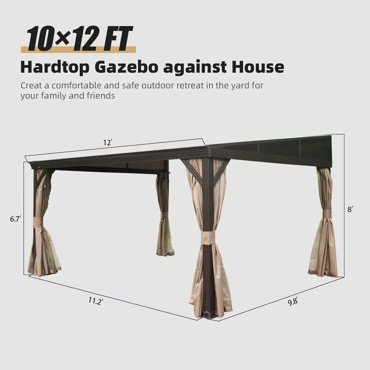 TOTAL Outdoor 10'x12' All-Season Sunroom Gazebo with Steel Roof, PVC Screen, Front & Side Door, Brown