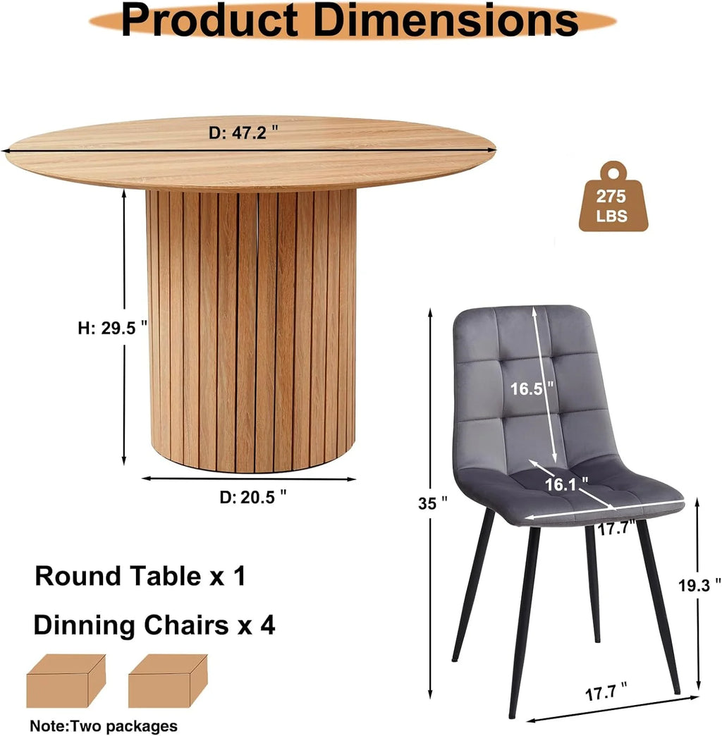 5 Piece Round Dining Table Set - Mid-Century 47 inch Oak Dining Table with 4 Brown Faux Leather Chairs Set, Dinner Table & Chair with Metal Legs for Kitchen Dining Room, Apartment, Bedroom