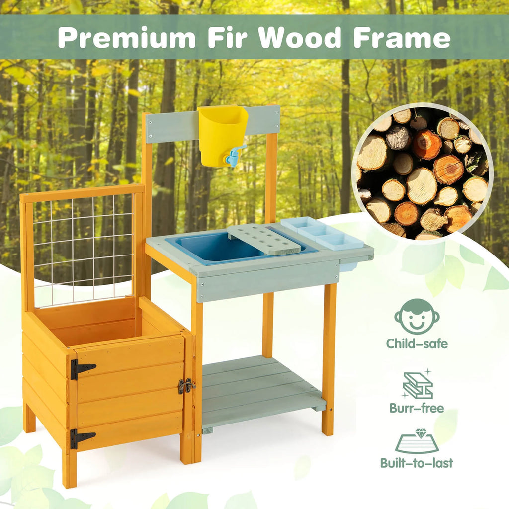 Gymax Wooden Potting Bench for Kids w/ See-Through Window Planter Box Garden Trellis
