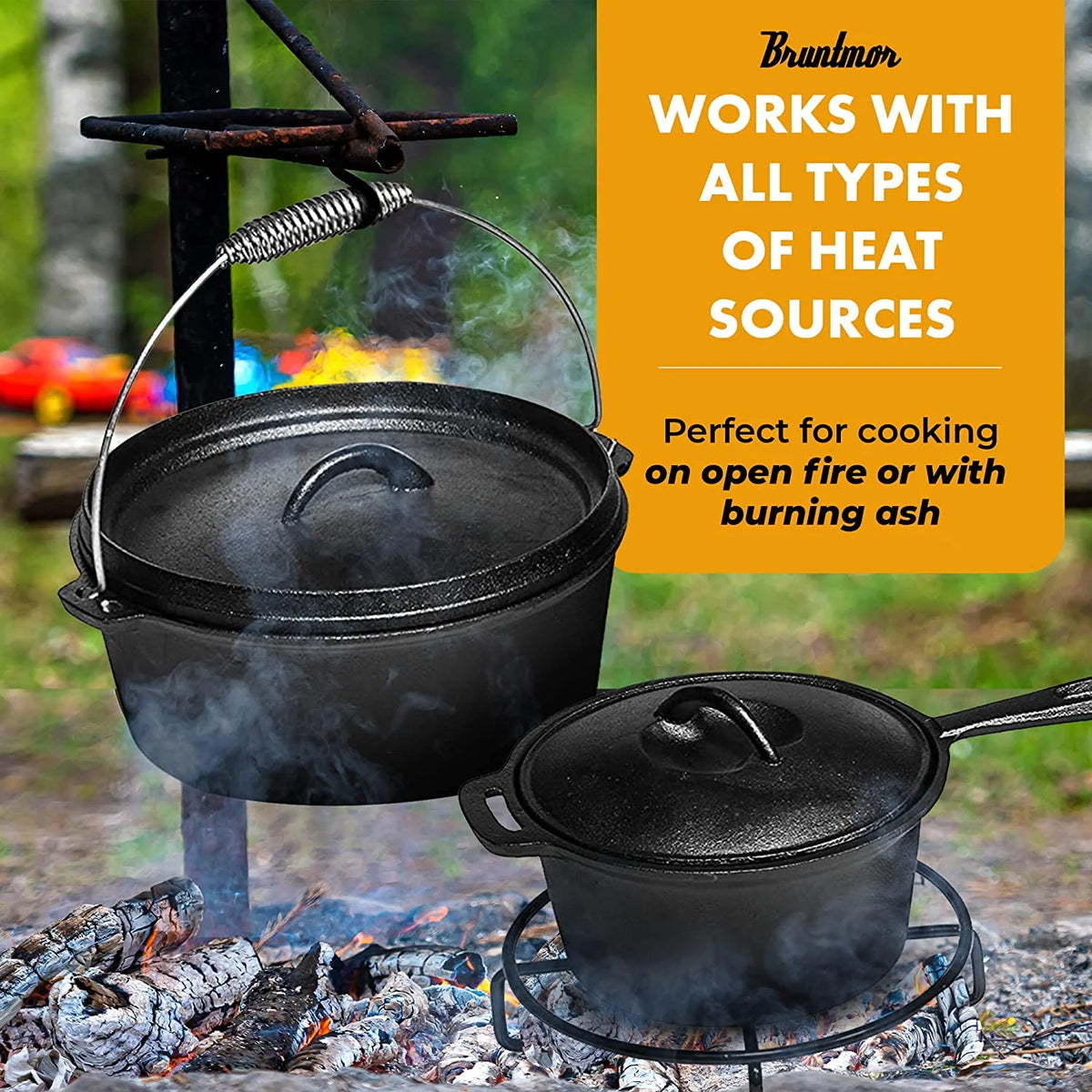 Bruntmor Camping Cooking Set Of 7 - Pre Seasoned Cast Iron Pots, Pans, and Dutch Ovens with Lids for Outdoor Campfire Cooking - Skillet Grill Cookware Set with Storage Box