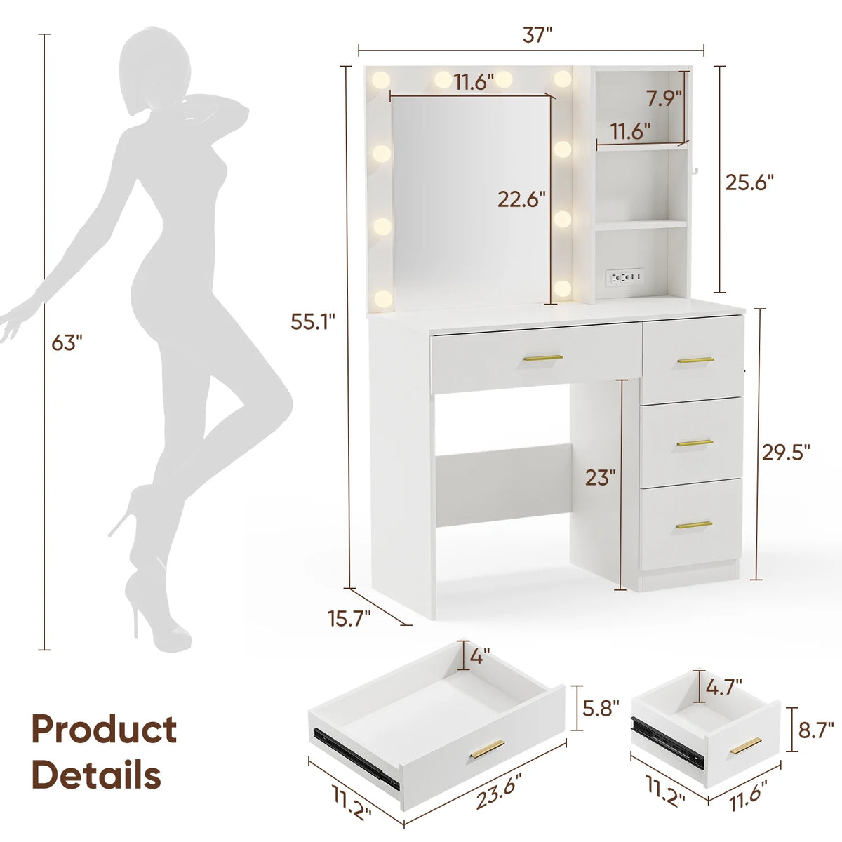 Makeup Vanity with Mirror and 3 Color Lights,Vanity Dressing Table with USB Charging Station,4 Drawers,Open Storage Shelves,White