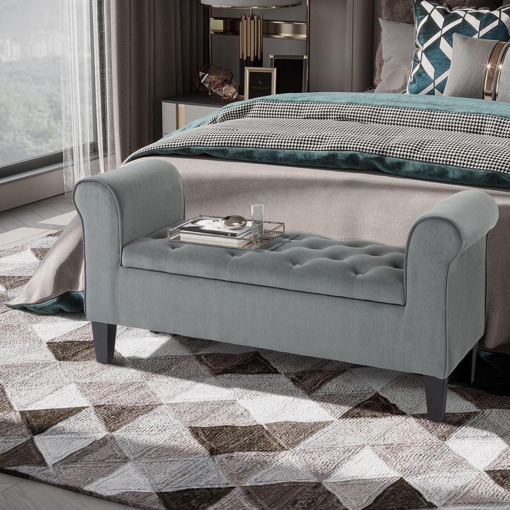 HOMCOM Button-Tufted Storage Ottoman Bench, Upholstered Bench with Rolled Armrests for Living Room or Hallway, Blue