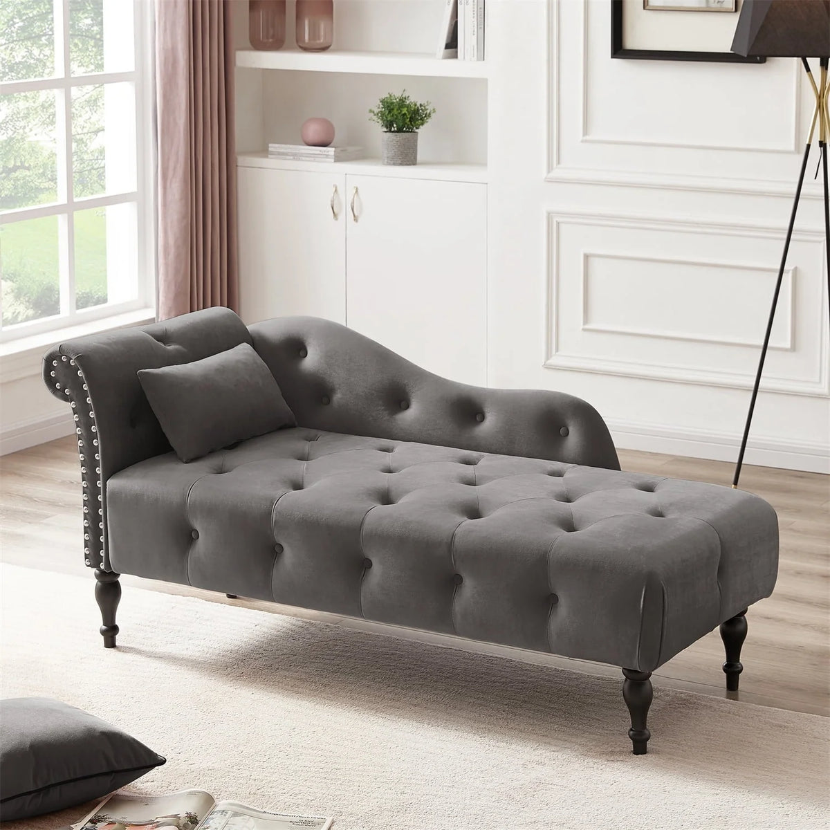 Chaise Lounge Chair, 60.6" Velvet Button Tufted Upholstered Lounge Couch with Solid Wood Legs and Pillow Elegant Couch Sleeper with Nailhead Trim & Armrest Chaise Lounge Indoor for Living Room, Grey