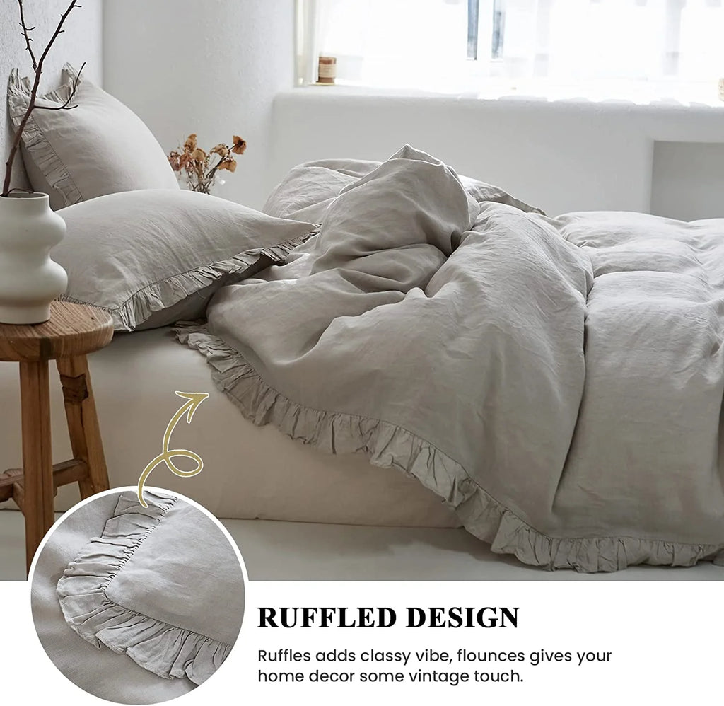 Simple&Opulence 100% Washed Linen Duvet Cover Set-3 Pieces Shabby Chic Premium Ruffled Bedding with 1 Comforter Cover and 2 Pillowshams France Flax High End Frill Sets Vintage Style(King, White)