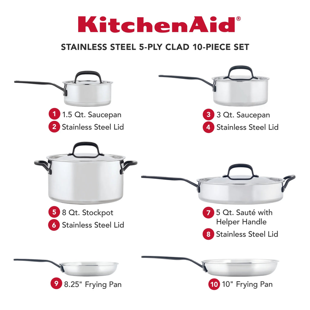 KitchenAid 5-Ply Clad 10 Pcs Stainless Steel Cookware Induction Pots and Pans Set, Dishwasher Safe, Metal Utensil, Broiler and Oven Safe to 500F, Polished Stainless Steel