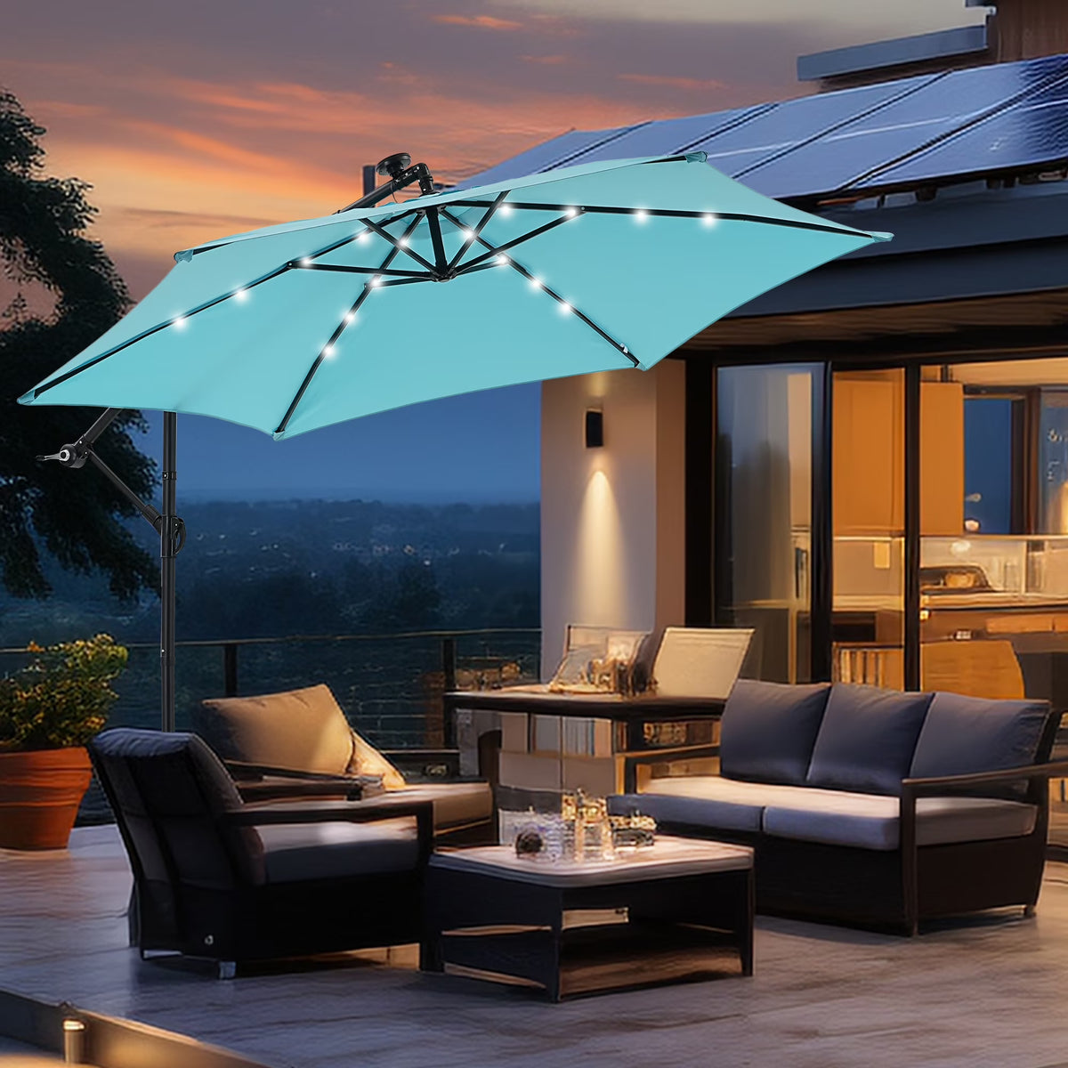 Autlaycil 10 ft Cantilever Offset Outdoor Patio Umbrella with Base Stand Rotate and Tilt, Blue