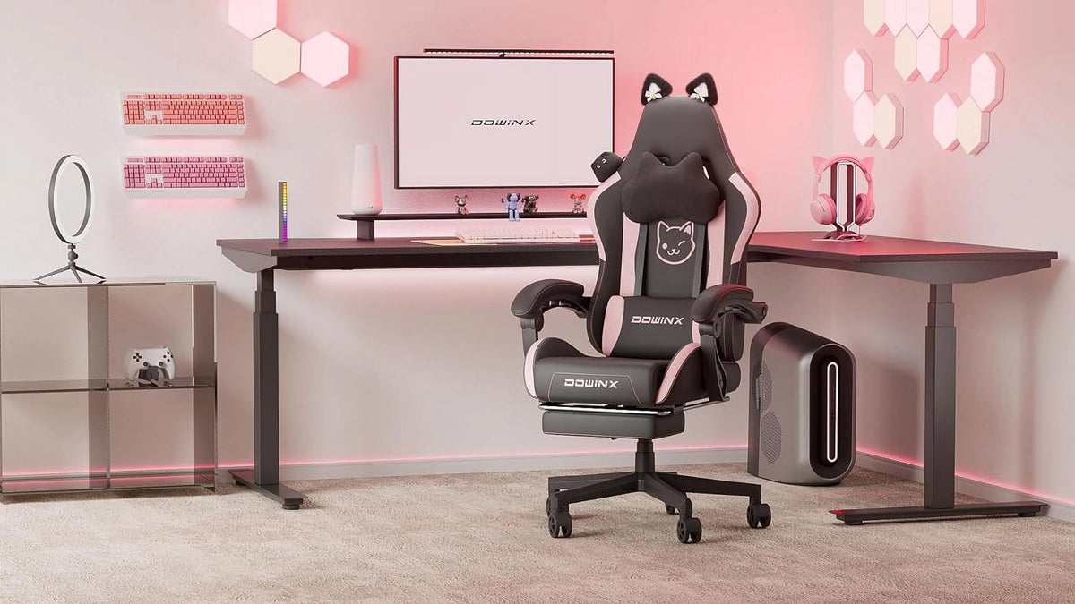 Dowinx Gaming Chair Cute with Cat Ears and Massage Lumbar Support, Ergonomic Computer Chair for Girl with Footrest and Headrest, Comfortable Reclining Game Chair 290lbs for Adult, Teen, Blue Green
