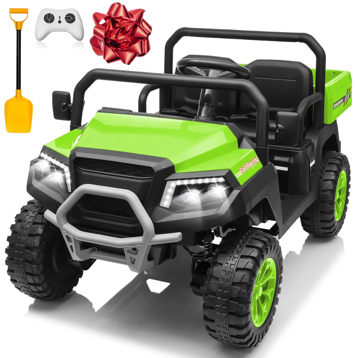 Joyracer 4WD 24 Volt Ride on Toys UTV with 2 Seater & Remote Control, Kids Electric Golf Cart w/ 4x200W Power Motors, Tiltable Trailer & Shovel, 4 Wheels Spring Suspension, Bluetooth USB Music, Black